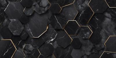 The primary subject of the image is a black and gold marble wall. The setting is a black and gold marble wall with a pattern of hexagons. The visual style is a close-up of the marble wall, showcasing its intricate design. The colors and mood of the image are predominantly black and gold, giving it a luxurious and elegant appearance.