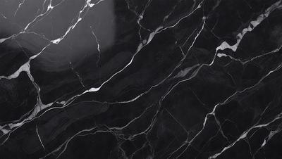 The primary subject of the image is a marble countertop with a black and white pattern. The setting is a kitchen, and the visual style is a close-up of the marble countertop. The colors and mood of the image are predominantly black and white, giving it a classic and elegant appearance.