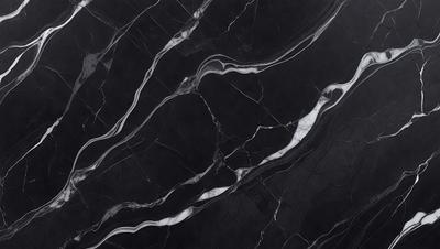 The primary subject of the image is a black marble countertop with a white vein running through it. The setting is a kitchen, and the visual style is a close-up of the marble countertop. The colors and mood of the image are predominantly black and white, giving it a classic and elegant appearance.