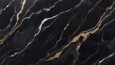 The primary subject of the image is a black and gold marble pattern. The setting is a black and gold marble wall, which serves as the background. The visual style is a close-up of the marble pattern, showcasing the intricate details of the design. The colors and mood of the image are predominantly black and gold, creating a luxurious and elegant atmosphere.
