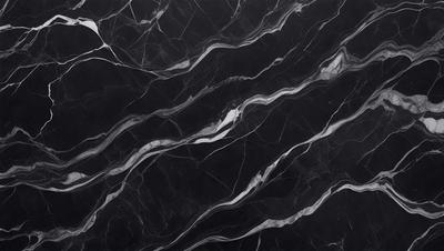 The primary subject of the image is a black and white marble pattern. The setting is a black background, and the visual style is a close-up of the marble pattern. The colors and mood of the image are predominantly black and white, creating a classic and elegant atmosphere.