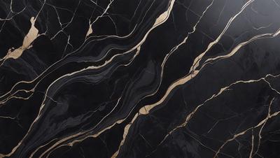 The primary subject of the image is a black and gold marble countertop. The setting is a kitchen, with the countertop being the main focus of the scene. The visual style is a close-up of the marble countertop, showcasing its intricate patterns and textures. The dominant colors are black and gold, giving the countertop a luxurious and elegant appearance.