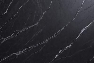 The primary subject of the image is a black marble countertop. The setting is a dark room, and the visual style is a close-up of the marble countertop. The countertop has a pattern of swirls, and the colors are predominantly black. The overall atmosphere is elegant and sophisticated.