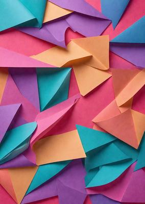 The primary subject of the image is a colorful collage of various colored paper, creating a vibrant and lively scene. The setting is a wall, and the visual style is a combination of photo and digital art. The dominant colors in the image are pink, orange, and blue, creating a cheerful and energetic atmosphere.