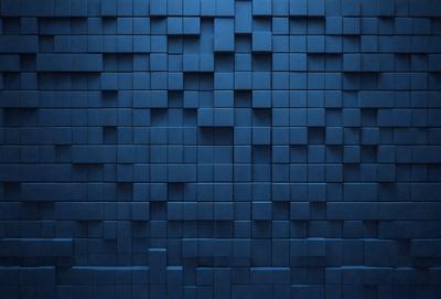 The primary subject of the image is a blue wall with a pattern of blue squares. The setting is a room with a blue wall, and the visual style is a digital art or illustration. The dominant colors are blue, and the overall atmosphere is calm and serene.