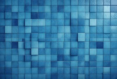 The primary subject of the image is a blue tile wall. The setting is a room with a blue tile wall, which is the main object of the image. The visual style is a photo, and the dominant colors are blue and white. The overall atmosphere is calm and serene.