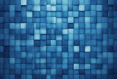 The primary subject of the image is a blue tile wall with a pattern of blue squares. The setting is a room with a blue tile wall as the main focus. The visual style is a close-up of the blue tile wall, showcasing the intricate pattern of the blue squares. The colors and mood of the image are predominantly blue, creating a calm and serene atmosphere.