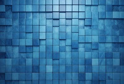 The primary subject of the image is a blue tile wall with a pattern of blue squares. The setting is a room with a blue tile floor. The visual style is a close-up of the blue tile wall, showcasing the intricate pattern of the blue squares. The colors and mood of the image are predominantly blue, creating a calm and serene atmosphere.