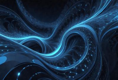 The primary subject of the image is a blue, swirling, and flowing pattern. The setting is a dark background, which contrasts with the vibrant blue colors of the pattern. The visual style appears to be a digital art or illustration, as the swirls and flowing lines are intricately detailed. The colors and mood of the image are predominantly blue, creating a sense of calmness and tranquility.
