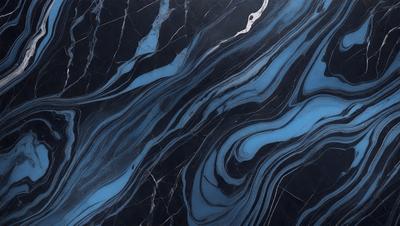 The primary subject of the image is a marble countertop with a blue and white pattern. The setting is a kitchen, and the visual style is a close-up of the countertop. The colors and mood of the image are predominantly blue and white, creating a clean and elegant atmosphere.