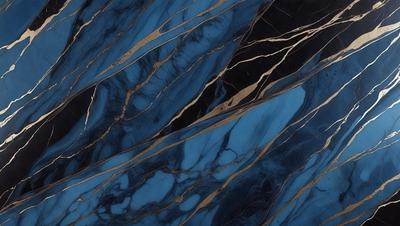 The primary subject of the image is a blue and gold marbled tile. The setting is a bathroom, with the tile covering the walls and floor. The visual style is a close-up of the tile, showcasing its intricate design. The dominant colors are blue and gold, creating a luxurious and elegant atmosphere.