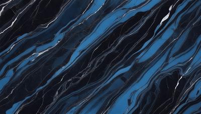 The primary subject of the image is a blue marble tile with a pattern of swirls and waves. The setting is a black and blue marble countertop, which serves as the background. The visual style is a close-up of the marble tile, showcasing its intricate design. The colors and mood of the image are predominantly blue, creating a calm and serene atmosphere.