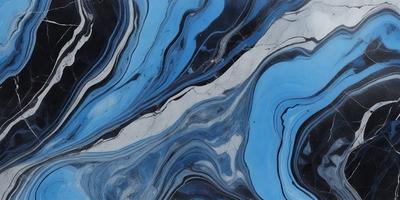 The primary subject of the image is a blue and white marble tile. The setting is a stone wall, and the visual style is a close-up of the tile. The dominant colors are blue and white, creating a calm and serene atmosphere.