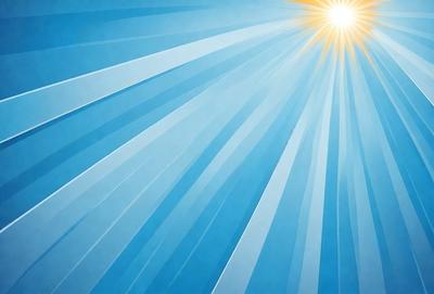The primary subject of the image is a blue sky with a bright sun shining through it. The setting is a clear day with no clouds, creating a serene and peaceful atmosphere. The visual style is a combination of a photo and digital art, as the sunlight creates a pattern of rays that add a dynamic and artistic touch to the scene. The colors and mood are predominantly blue and bright, evoking a sense of calmness and tranquility.