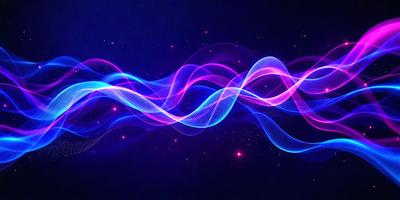 The primary subject of the image is a purple and blue wave-like pattern, which appears to be a digital art or illustration. The setting is a dark background, which contrasts with the vibrant colors of the wave pattern. The visual style suggests that the image is a creative and artistic representation of a wave, rather than a photo or a real-life scene. The dominant colors of purple and blue evoke a sense of calmness and tranquility, while the dark background adds an element of mystery and depth