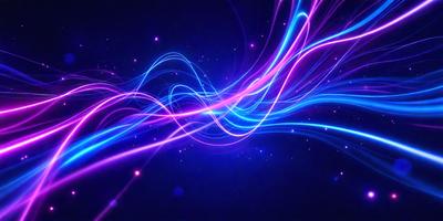 The primary subject of the image is a purple and blue neon light display. The setting is a dark, star-filled sky, creating a contrasting backdrop for the vibrant colors of the light display. The visual style is a combination of digital art and illustration, as the light display appears to be a digital creation. The colors and mood of the image are predominantly purple and blue, with a sense of energy and movement conveyed by the flowing lines of the light display.