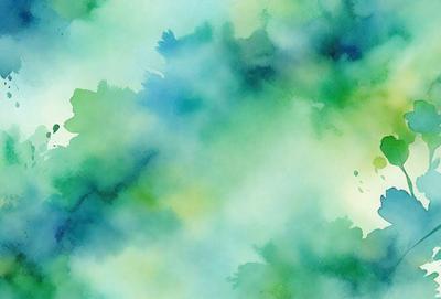 The primary subject of the image is a green, watercolor-style painting of a forest. The setting is a lush, green forest with trees and leaves. The visual style is a watercolor painting, which gives the image a vibrant and natural atmosphere. The dominant colors are green, with some blue and yellow accents, creating a serene and calming mood.