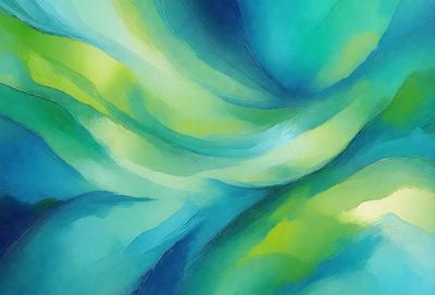 The primary subject of the image is a painting of a green and blue swirl. The setting is a canvas, and the visual style is a painting. The dominant colors are green and blue, creating a calming and soothing atmosphere.