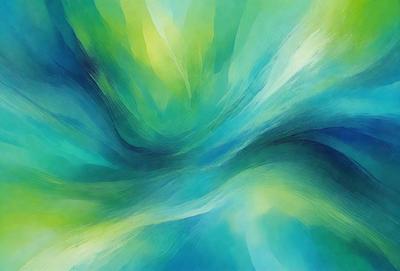 The primary subject of the image is a vibrant, colorful painting featuring a blue and green color scheme. The painting is a digital artwork, showcasing a unique visual style. The setting or background of the image is a green and blue ocean, which adds to the overall atmosphere of the painting. The colors and mood of the painting are lively and energetic, creating a sense of movement and dynamism.