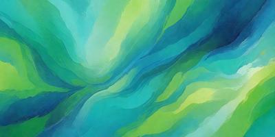 The primary subject of the image is a large, colorful painting of a blue and green ocean. The painting features a variety of shades and hues, creating a vibrant and lively atmosphere. The setting is a canvas, and the visual style is a painting, showcasing the artist's skill in capturing the beauty of the ocean. The colors and mood of the painting evoke a sense of tranquility and wonder, inviting the viewer to immerse themselves in the world of the ocean.