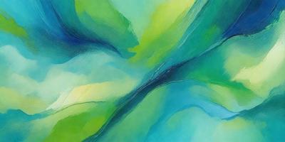 The primary subject of the image is a painting of a green and blue landscape. The setting is a painting of a forest, with a blue sky and green trees. The visual style is a painting, and the colors and mood are predominantly green and blue, creating a serene and natural atmosphere.