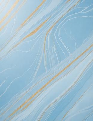 The primary subject of the image is a blue and white marble wall with a gold stripe. The setting is a room with a blue background. The visual style is a close-up of the marble wall, showcasing its intricate design. The colors and mood of the image are predominantly blue and white, with a touch of gold, creating a serene and elegant atmosphere.