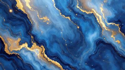 The primary subject of the image is a blue and gold swirling pattern, which appears to be a painting or a digital artwork. The setting is a blue and gold background, which complements the swirling pattern. The visual style is a combination of painting and digital art, creating a unique and eye-catching design. The colors and mood of the image are predominantly blue and gold, giving it a warm and vibrant atmosphere.