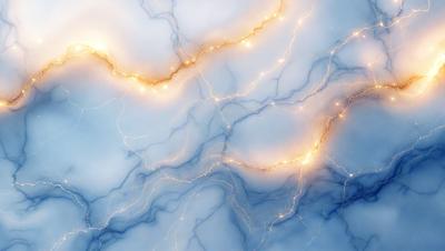 The primary subject of the image is a blue marble wall with a pattern of yellow streaks. The setting is a room with a blue background. The visual style is a photo, and the colors and mood are a mix of blue and yellow, creating a vibrant and lively atmosphere.