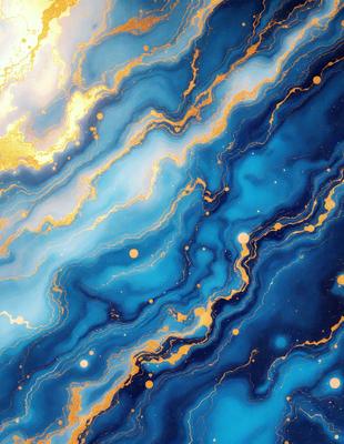The primary subject of the image is a blue and gold swirling pattern, which appears to be a painting or a digital artwork. The setting is a blue and gold background, which complements the swirling pattern. The visual style is a mix of digital art and painting, creating a unique and eye-catching design. The colors and mood of the image are predominantly blue and gold, giving it a warm and vibrant atmosphere.
