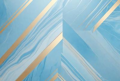 The primary subject of the image is a blue and gold marble wall. The setting is a room with a blue and gold marble wall, which serves as the background. The visual style is a combination of digital art and illustration, creating a unique and eye-catching design. The dominant colors are blue and gold, giving the wall a luxurious and elegant appearance.