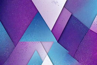 The primary subject of the image is a blue and purple geometric pattern. The setting is a white background, which contrasts with the vibrant colors of the pattern. The visual style is a combination of digital art and illustration, creating a unique and eye-catching design. The dominant colors are blue and purple, which evoke a sense of calmness and tranquility.