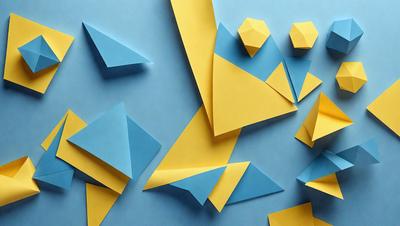 The primary subject of the image is a blue wall with yellow triangles cut out of it. The setting is a room with a blue background, and the visual style is a combination of digital art and illustration. The dominant colors are blue and yellow, creating a vibrant and lively atmosphere.