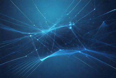 The primary subject of the image is a blue background with a web of lines and dots. The setting is a dark, starry night, creating a sense of mystery and wonder. The visual style is a combination of digital art and illustration, with the lines and dots resembling a network of interconnected paths. The colors and mood are predominantly blue, creating a serene and calming atmosphere.