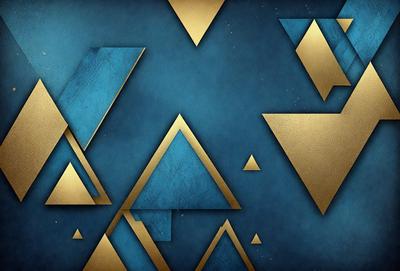 The primary subject of the image is a blue and gold geometric pattern. The setting is a blue background, and the visual style appears to be a digital art or illustration. The dominant colors are blue and gold, creating a sense of sophistication and elegance.