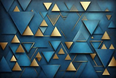 The primary subject of the image is a blue background with a pattern of triangles and gold shapes. The setting appears to be a wall or a surface with a decorative design. The visual style of the image is a combination of digital art and illustration, creating a unique and eye-catching pattern. The dominant colors in the image are blue and gold, giving it a sophisticated and elegant appearance.