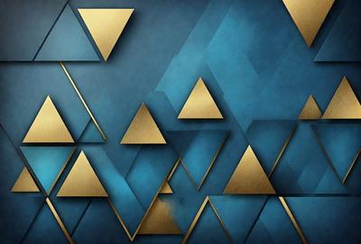 The primary subject of the image is a blue background with gold triangles. The setting is a wall, and the visual style is a patterned design. The dominant colors are blue and gold, creating a calm and sophisticated atmosphere.