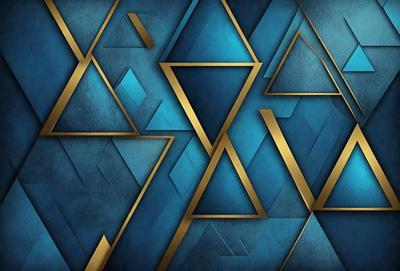 The primary subject of the image is a blue and gold geometric pattern. The setting is a blue background, and the visual style appears to be a digital art or illustration. The dominant colors are blue and gold, creating a sense of sophistication and elegance.