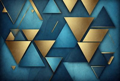 The primary subject of the image is a blue and gold geometric pattern. The setting is a blue background, and the visual style appears to be a digital art or illustration. The dominant colors are blue and gold, creating a sense of depth and sophistication.