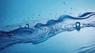 The primary subject of the image is a blue water surface with ripples and droplets. The setting is a blue background, which creates a serene and calming atmosphere. The visual style is a photo of the water, capturing the natural beauty of the ripples and droplets. The colors and mood of the image are predominantly blue, which adds to the tranquil and soothing ambiance.