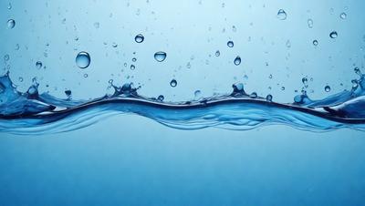 The primary subject of the image is a blue water surface with droplets of water floating on it. The setting is a blue background, which creates a serene and calming atmosphere. The visual style is a close-up of the water droplets, showcasing the details of the water surface. The colors and mood of the image are predominantly blue, which adds to the tranquil and soothing ambiance.