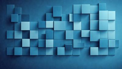 The primary subject of the image is a blue wall with a pattern of blue squares. The setting is a room with a blue background, and the visual style is a digital art or illustration. The dominant colors are blue, and the overall atmosphere is calm and visually appealing.
