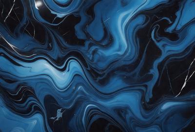 The primary subject of the image is a blue and black marbled pattern, which is the main object, scene, or focus of the image. The setting or background is a dark blue surface, which provides a contrasting backdrop for the marbled pattern. The visual style of the image is a close-up of the marbled pattern, showcasing its intricate details. The colors and mood of the image are predominantly dark and moody, with the blue and black marbled pattern creating a striking contrast against the dark blue