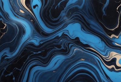 The primary subject of the image is a blue and black swirling pattern, which appears to be a piece of art or a decorative item. The setting is a black background, which contrasts with the blue and black swirls. The visual style is a close-up of the swirling pattern, showcasing its intricate details. The colors and mood of the image are predominantly dark, with the blue and black swirls creating a sense of depth and complexity.