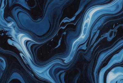 The primary subject of the image is a blue and black swirling pattern, which appears to be a digital art or illustration. The setting is a dark background, and the visual style is a combination of digital art and illustration. The dominant colors are blue and black, creating a moody and dramatic atmosphere.