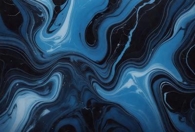 The primary subject of the image is a blue and black marbled pattern, which is the main focus of the image. The setting is a black background, and the visual style appears to be a digital art or illustration. The dominant colors in the image are blue and black, creating a moody and dramatic atmosphere.