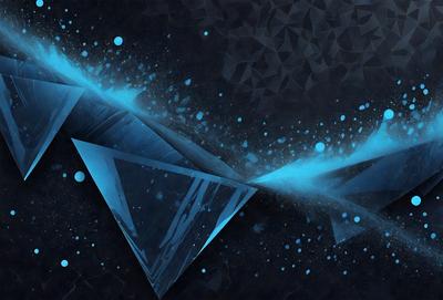 The primary subject of the image is a blue triangle, which is the main object, scene, or focus of the image. The setting or background features a black and blue space with a pattern of stars, giving the image a visual style that is likely digital art or illustration. The dominant colors in the image are blue and black, creating a mood that is both vibrant and mysterious.