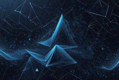 The primary subject of the image is a blue geometric shape, which appears to be a three-dimensional structure. The setting is a dark, blue background, which contrasts with the bright blue geometric shape. The visual style of the image is digital art, as it is a computer-generated design. The dominant colors in the image are blue, creating a calm and serene atmosphere.