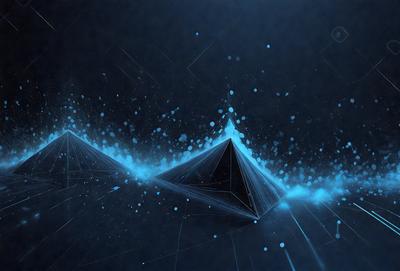 The primary subject of the image is a blue triangle, which is the main object, scene, or focus of the image. The setting or background is a dark blue sky, and the visual style appears to be a digital art or illustration. The colors and mood of the image are predominantly blue, creating a calm and serene atmosphere.