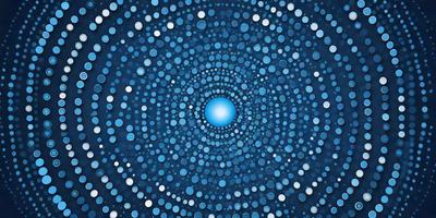 The primary subject of the image is a blue circle with a pattern of white dots surrounding it. The setting is a blue background, and the visual style appears to be a digital art or illustration. The colors and mood of the image are predominantly blue and white, creating a calm and serene atmosphere.