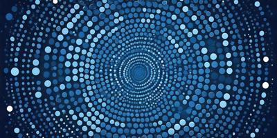 The primary subject of the image is a blue circle with a pattern of white dots. The setting is a dark blue background, which creates a contrasting effect with the white dots. The visual style appears to be a digital art or illustration, as the dots are arranged in a circular pattern. The colors and mood of the image are predominantly dark and moody, with the blue background and white dots creating a sense of depth and intrigue.